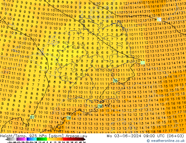 Height/Temp. 925 hPa Arpege-eu Mo 03.06.2024 09 UTC