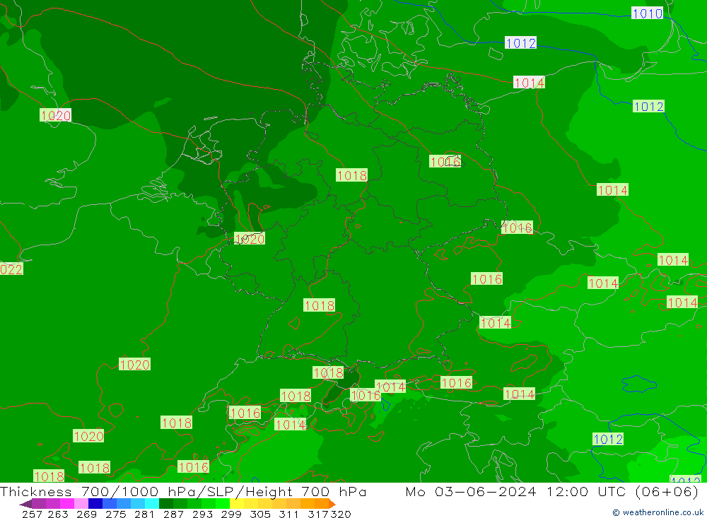 Schichtdicke 700-1000 hPa Arpege-eu Mo 03.06.2024 12 UTC