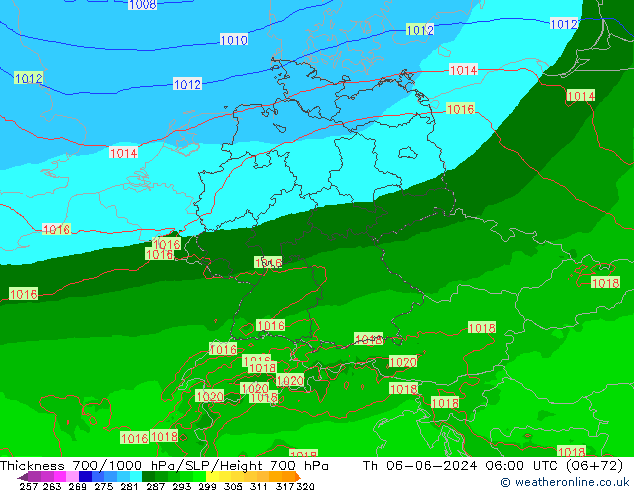 Thck 700-1000 hPa Arpege-eu Čt 06.06.2024 06 UTC