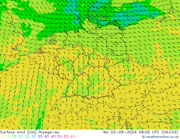 Surface wind Arpege-eu Mo 03.06.2024 09 UTC