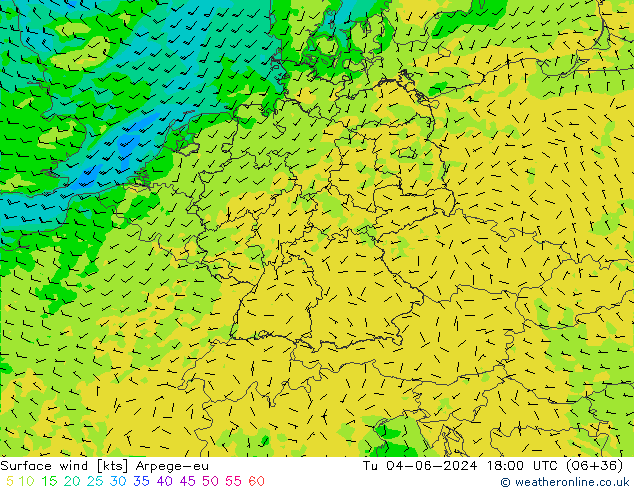 Surface wind Arpege-eu Út 04.06.2024 18 UTC