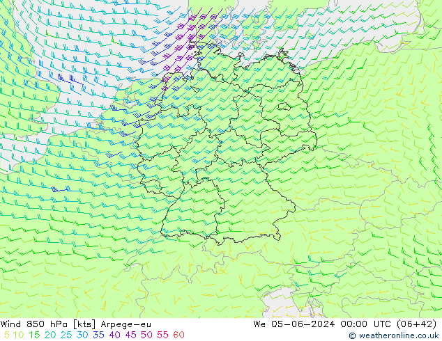 Wind 850 hPa Arpege-eu We 05.06.2024 00 UTC