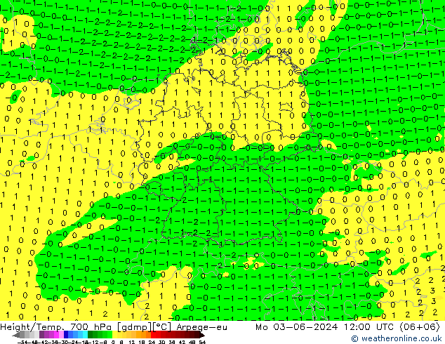 Height/Temp. 700 hPa Arpege-eu Mo 03.06.2024 12 UTC