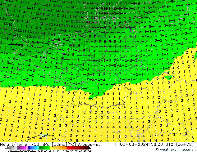 Geop./Temp. 700 hPa Arpege-eu jue 06.06.2024 06 UTC