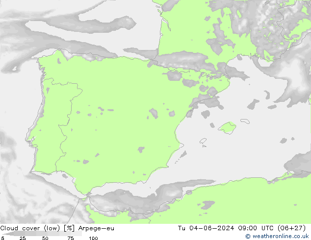 Cloud cover (low) Arpege-eu Tu 04.06.2024 09 UTC