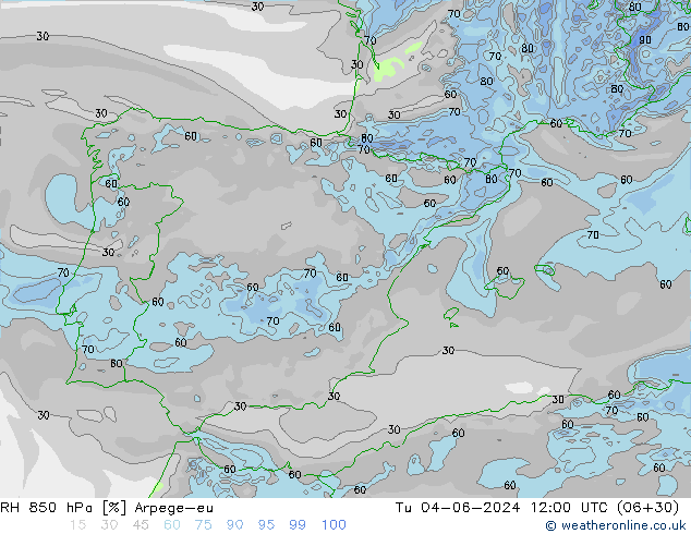 RH 850 hPa Arpege-eu Tu 04.06.2024 12 UTC