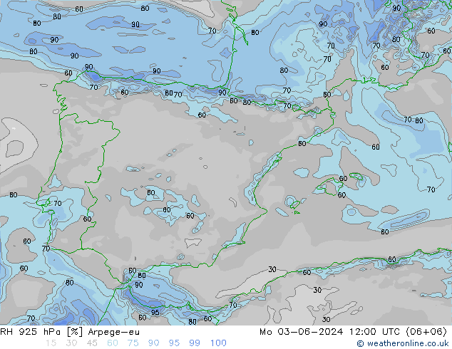 Humidité rel. 925 hPa Arpege-eu lun 03.06.2024 12 UTC