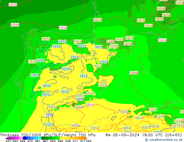 Thck 700-1000 hPa Arpege-eu We 05.06.2024 18 UTC