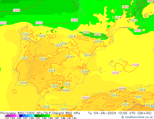 Thck 850-1000 гПа Arpege-eu вт 04.06.2024 12 UTC