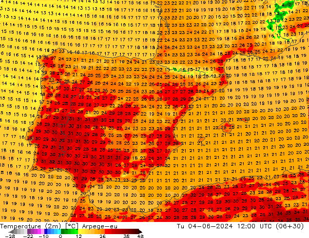 Temperaturkarte (2m) Arpege-eu Di 04.06.2024 12 UTC