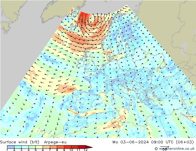 wiatr 10 m (bft) Arpege-eu pon. 03.06.2024 09 UTC