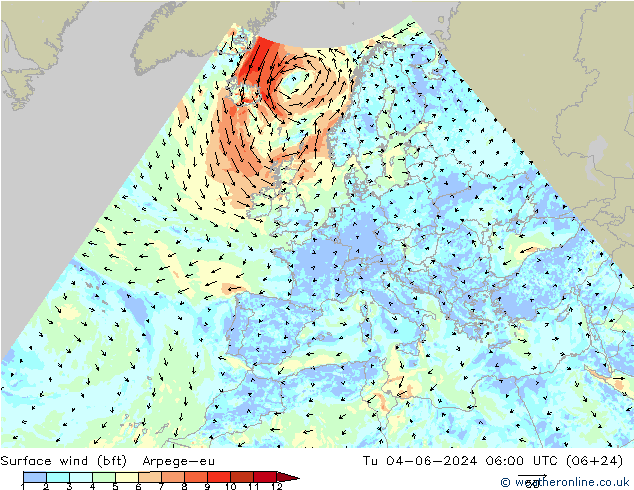 Surface wind (bft) Arpege-eu Tu 04.06.2024 06 UTC