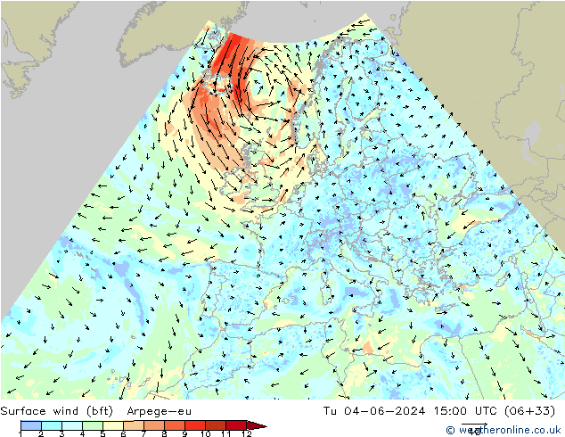 Surface wind (bft) Arpege-eu Tu 04.06.2024 15 UTC