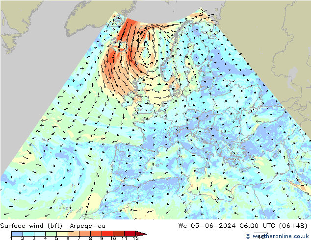 Bodenwind (bft) Arpege-eu Mi 05.06.2024 06 UTC