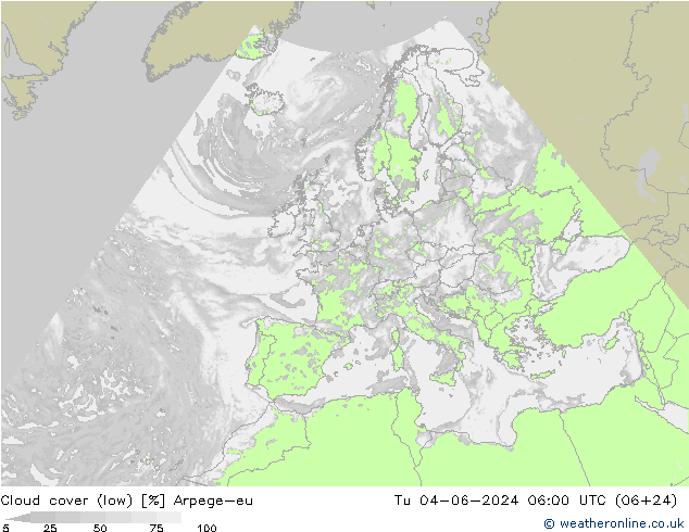 Bewolking (Laag) Arpege-eu di 04.06.2024 06 UTC