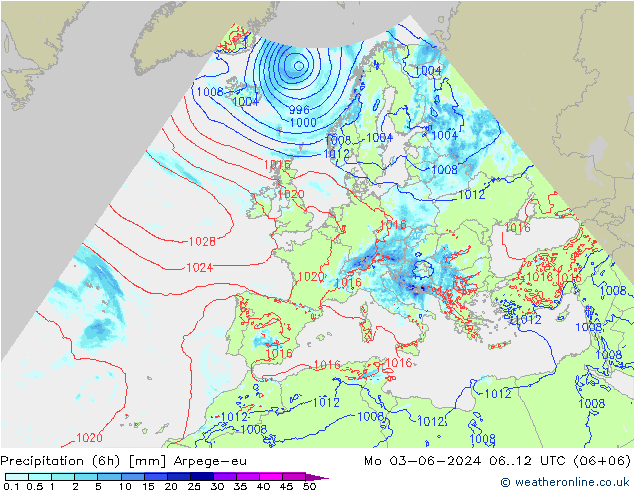 Precipitation (6h) Arpege-eu Po 03.06.2024 12 UTC