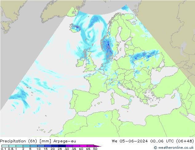 Precipitazione (6h) Arpege-eu mer 05.06.2024 06 UTC