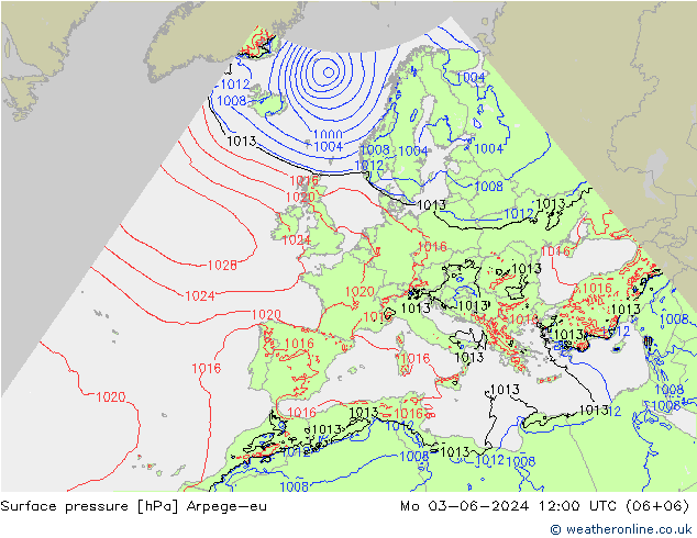 地面气压 Arpege-eu 星期一 03.06.2024 12 UTC