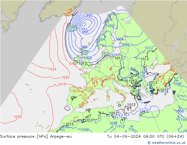 Surface pressure Arpege-eu Tu 04.06.2024 06 UTC