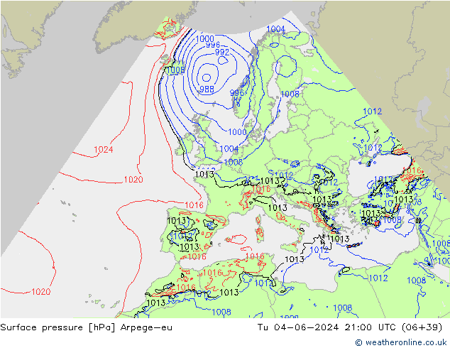 Surface pressure Arpege-eu Tu 04.06.2024 21 UTC