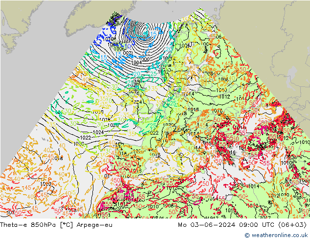 Theta-e 850hPa Arpege-eu ma 03.06.2024 09 UTC