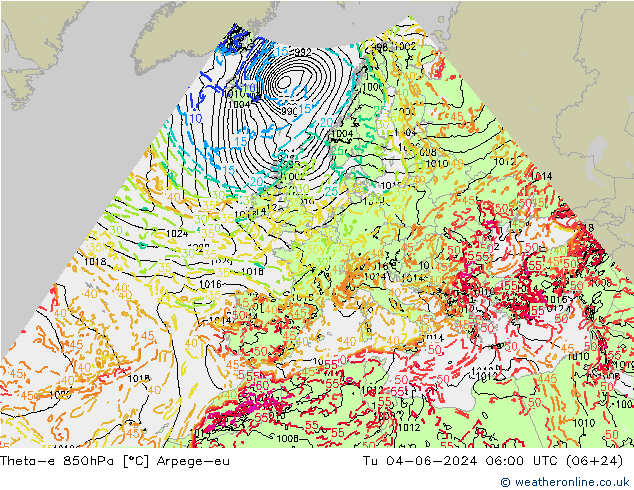 Theta-e 850hPa Arpege-eu wto. 04.06.2024 06 UTC