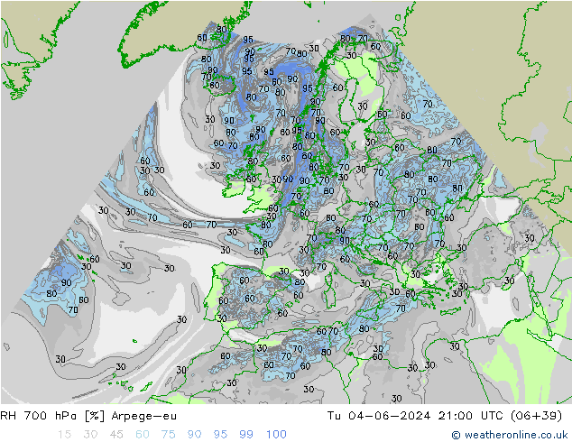 Humidité rel. 700 hPa Arpege-eu mar 04.06.2024 21 UTC