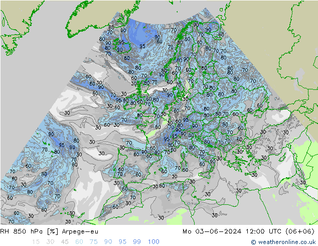 Humidité rel. 850 hPa Arpege-eu lun 03.06.2024 12 UTC