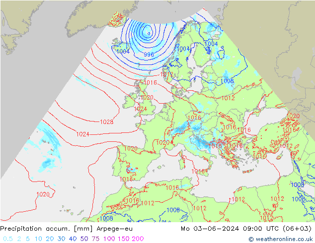 Precipitation accum. Arpege-eu Seg 03.06.2024 09 UTC