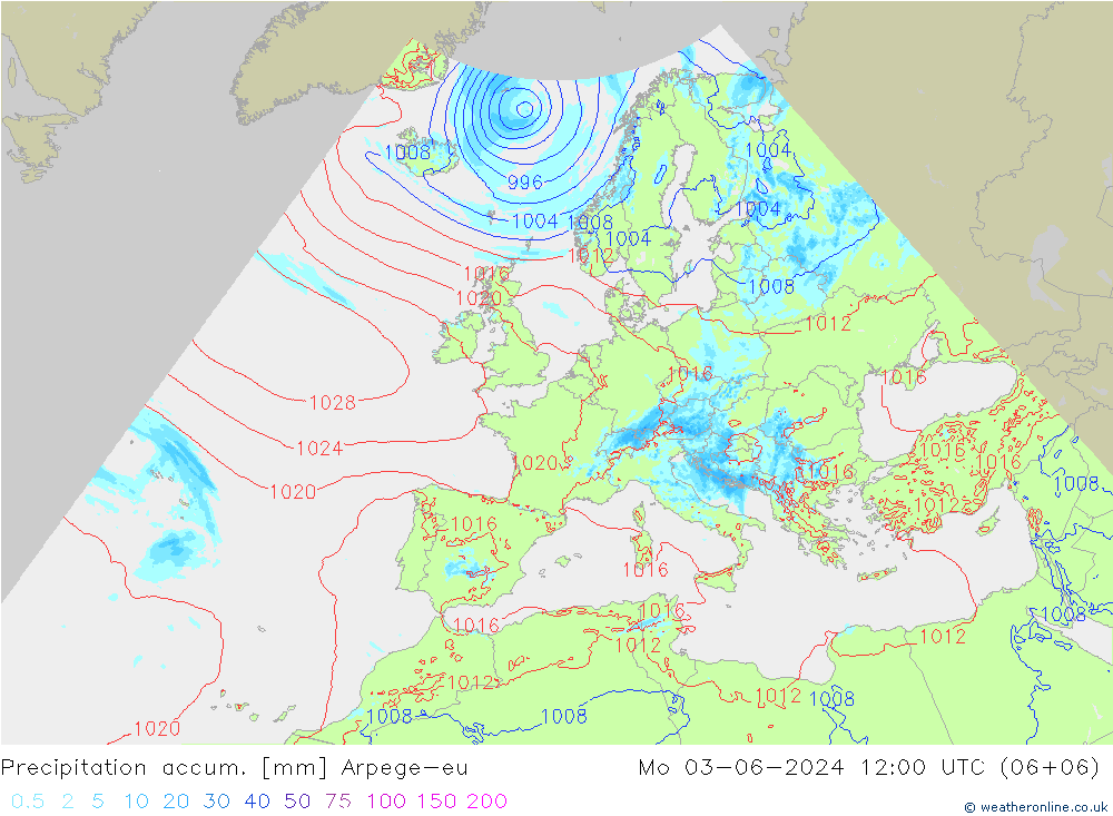 Precipitation accum. Arpege-eu  03.06.2024 12 UTC
