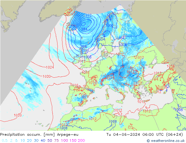 Precipitation accum. Arpege-eu wto. 04.06.2024 06 UTC