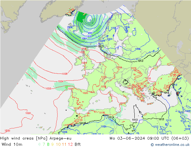 High wind areas Arpege-eu Mo 03.06.2024 09 UTC