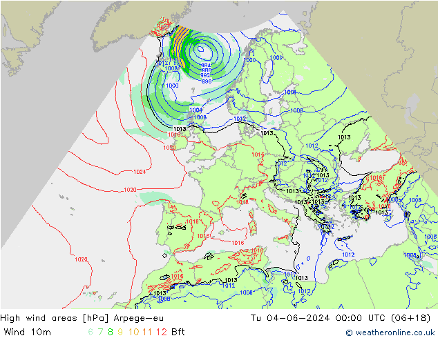 High wind areas Arpege-eu Tu 04.06.2024 00 UTC