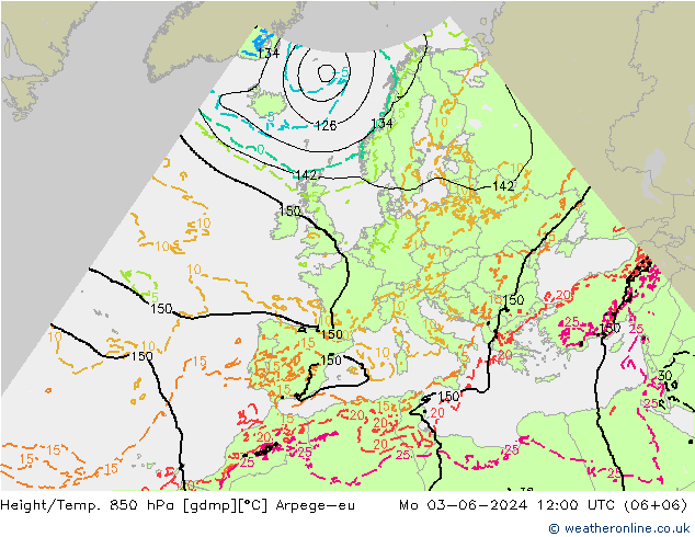 Géop./Temp. 850 hPa Arpege-eu lun 03.06.2024 12 UTC