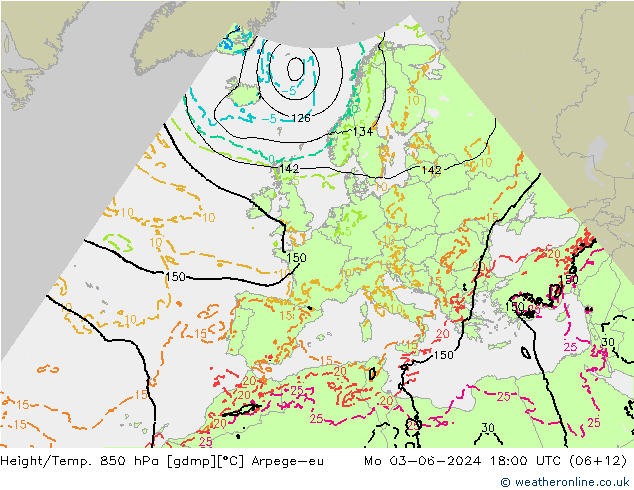 Height/Temp. 850 hPa Arpege-eu Mo 03.06.2024 18 UTC