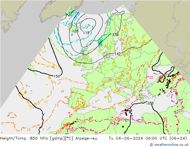 Yükseklik/Sıc. 850 hPa Arpege-eu Sa 04.06.2024 06 UTC