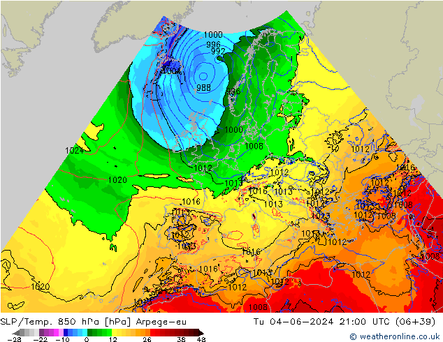 SLP/Temp. 850 hPa Arpege-eu Tu 04.06.2024 21 UTC