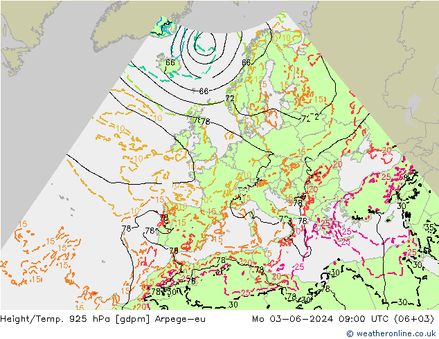 Yükseklik/Sıc. 925 hPa Arpege-eu Pzt 03.06.2024 09 UTC