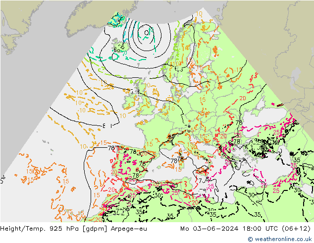 Height/Temp. 925 hPa Arpege-eu Mo 03.06.2024 18 UTC