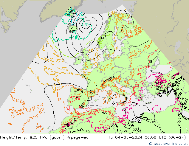 Yükseklik/Sıc. 925 hPa Arpege-eu Sa 04.06.2024 06 UTC