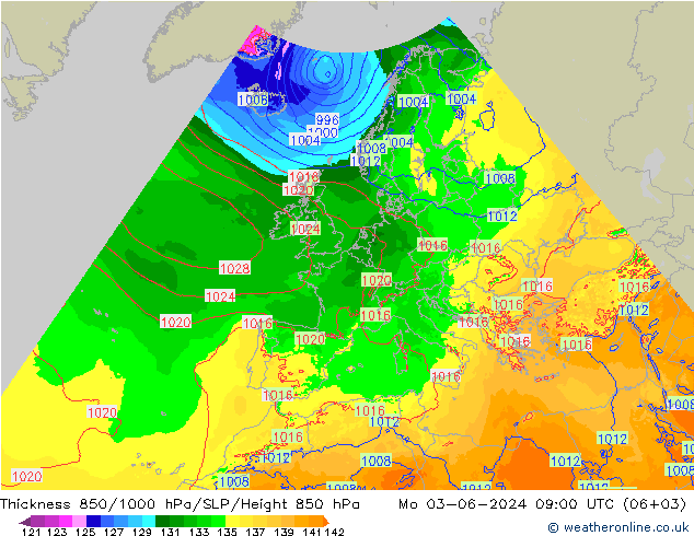 Schichtdicke 850-1000 hPa Arpege-eu Mo 03.06.2024 09 UTC