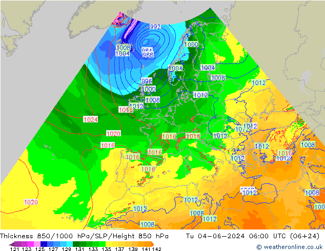 Espesor 850-1000 hPa Arpege-eu mar 04.06.2024 06 UTC