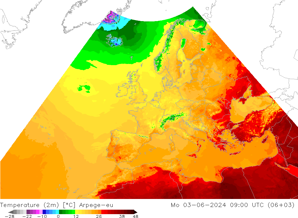 Temperatura (2m) Arpege-eu lun 03.06.2024 09 UTC