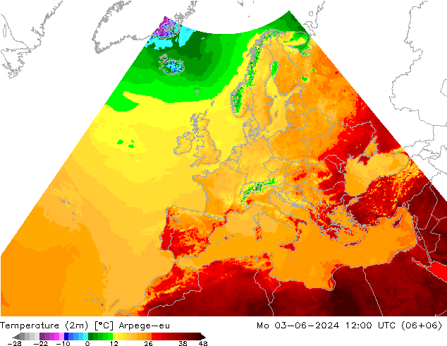 Temperatura (2m) Arpege-eu lun 03.06.2024 12 UTC