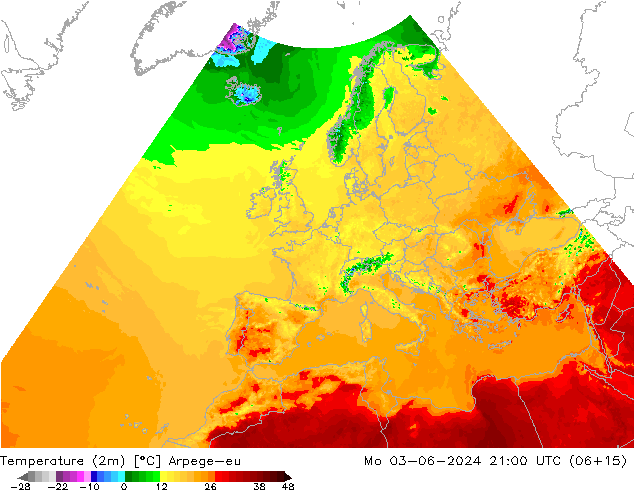 Temperaturkarte (2m) Arpege-eu Mo 03.06.2024 21 UTC