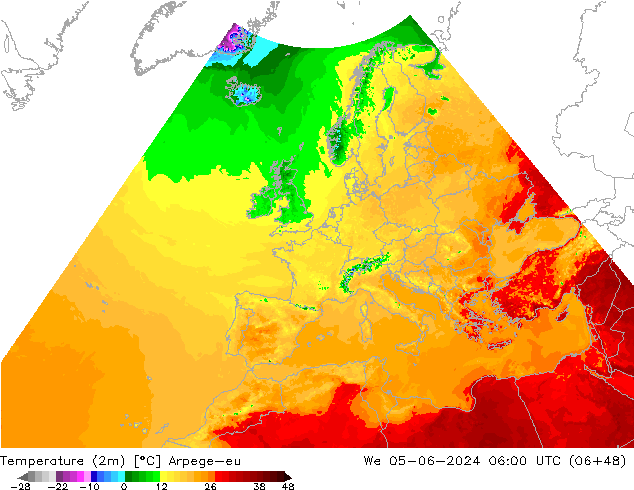 Temperatuurkaart (2m) Arpege-eu wo 05.06.2024 06 UTC