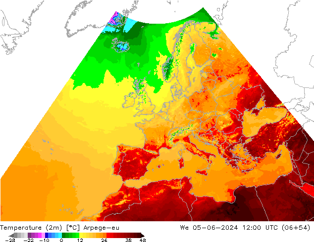 température (2m) Arpege-eu mer 05.06.2024 12 UTC