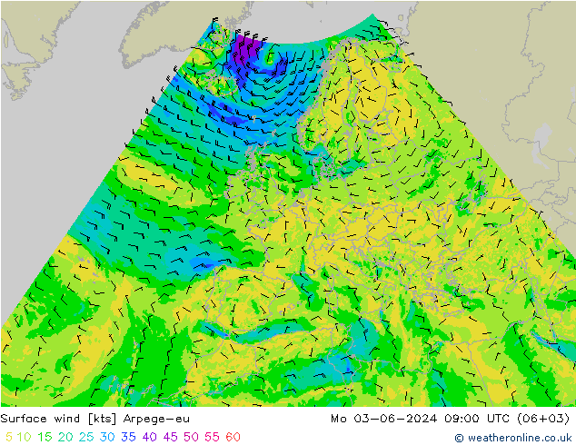 ветер 10 m Arpege-eu пн 03.06.2024 09 UTC