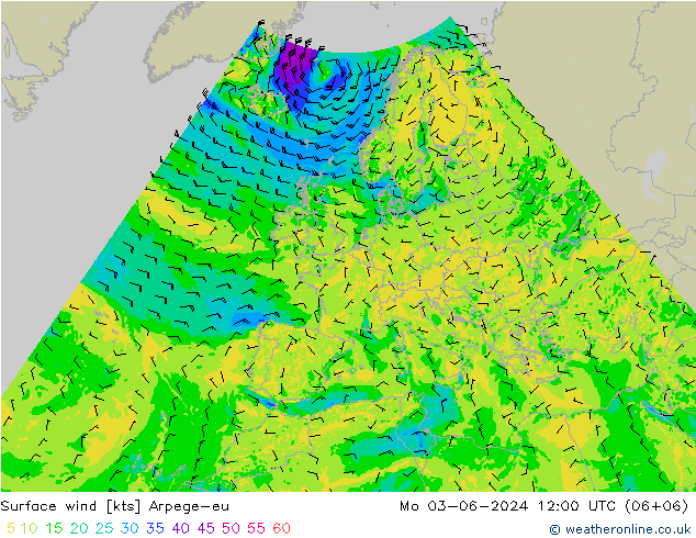 Surface wind Arpege-eu Mo 03.06.2024 12 UTC