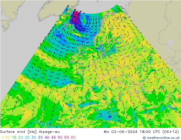 ветер 10 m Arpege-eu пн 03.06.2024 18 UTC